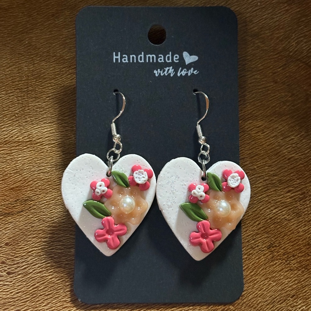 Sparkly Pink Floral Heart Polymer Clay Earrings